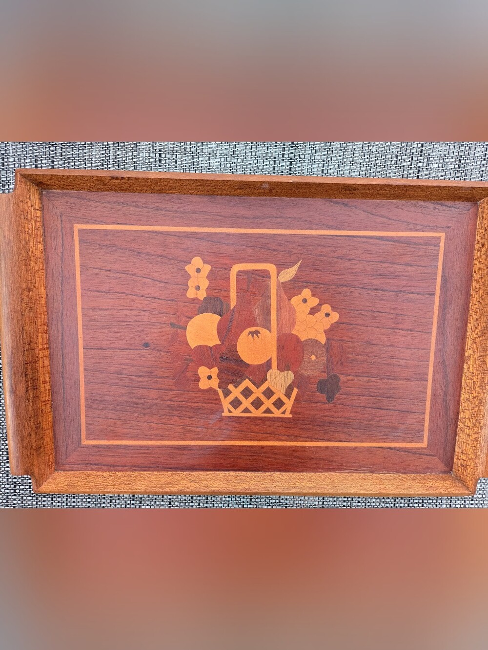 Vintage Midcentury. Wood Inlay Fruit Basket Decorative Serving Tray - Brown